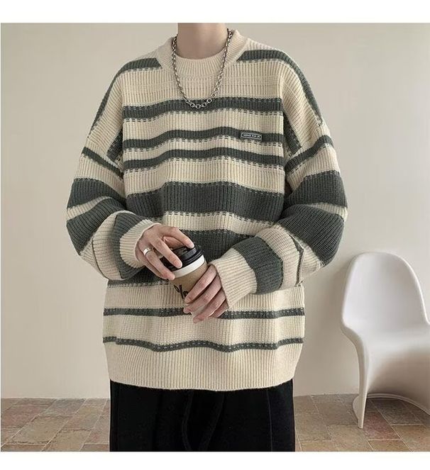 New sweaters for autumn and winter, knitted jackets for men and couples, lazy and loose striped base shirts for teenagers_viptrois.com