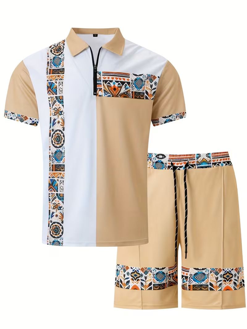 Men's 3D Digital Printed Lapel Polo Shirt And Shorts Set Casual Vacation Zipper Design_viptrois.com