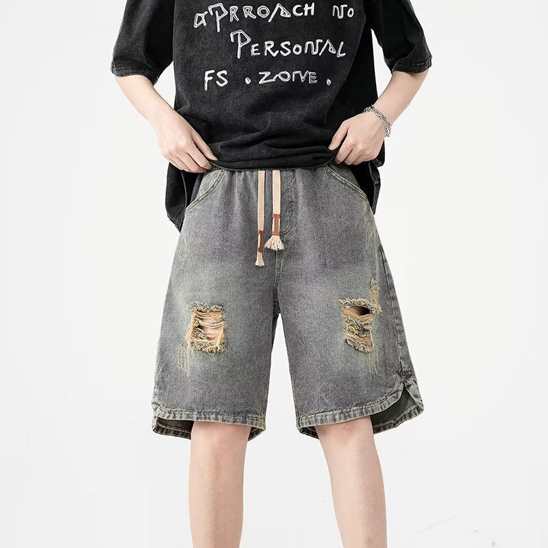 Men's Clothing High Street Ripped Denim Shorts Men's Loose Straight Washed Old Fashioned Versatile Sports Casual Shorts_viptrois.com