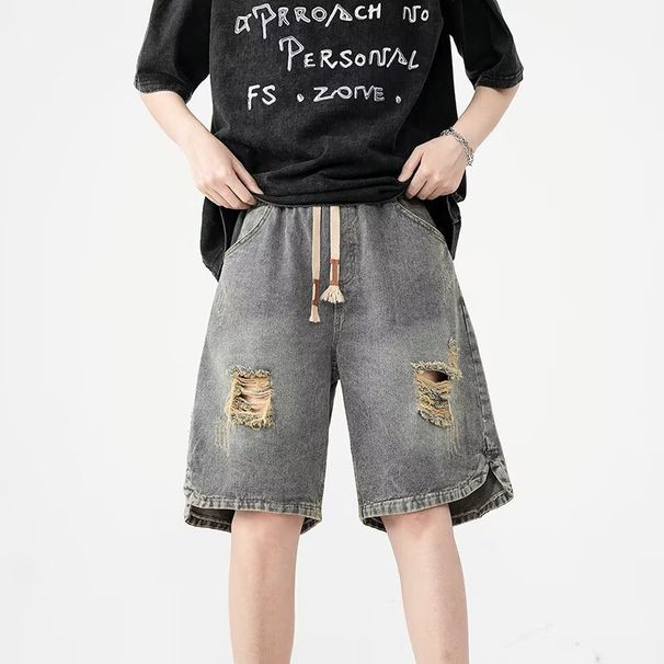 Men's Clothing High Street Ripped Denim Shorts Men's Loose Straight Washed Old Fashioned Versatile Sports Casual Shorts_viptrois.com