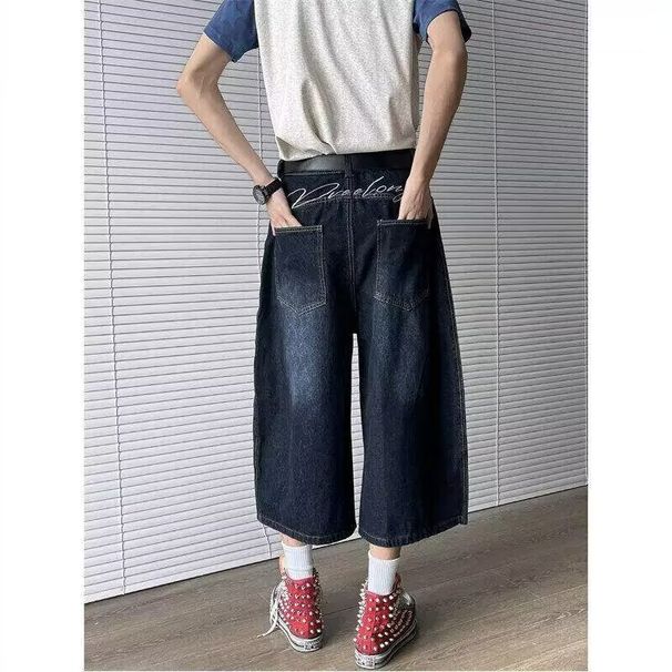 Men's Clothing Summer Niche Back Embroidery Stitching Scimitar Pants Jeans Men And Women Retro Wide Leg Cropped Pants Shorts Trend_viptrois.com