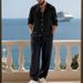 Men's Autumn Linen Long Sleeve Shirt And Pants Set Breathable Simple Henley Top Loose Fit Beachwear for Home_viptrois.com