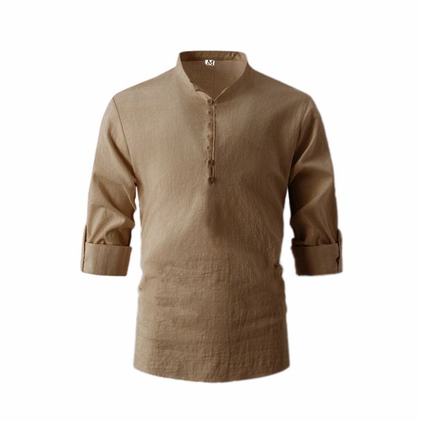 Men's Solid Color Pullover Henley Shirt Cotton Stand Collar Long Sleeve Shirt_viptrois.com