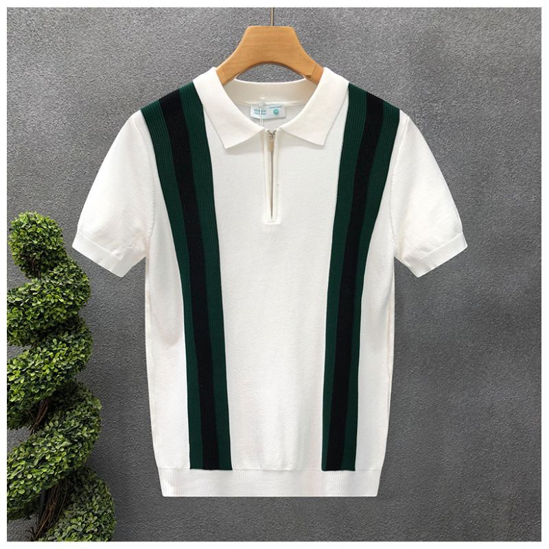 Men's Clothing Summer Men's New Color Matching Striped Knitted Polo Shirt Gentleman Lapel Short Sleeved Knitted T Shirt_viptrois.com