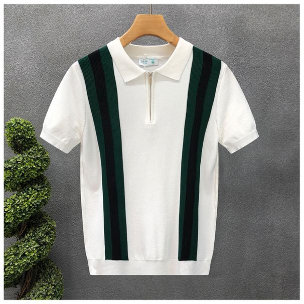 Men's Clothing Summer Men's New Color Matching Striped Knitted Polo Shirt Gentleman Lapel Short Sleeved Knitted T Shirt_viptrois.com