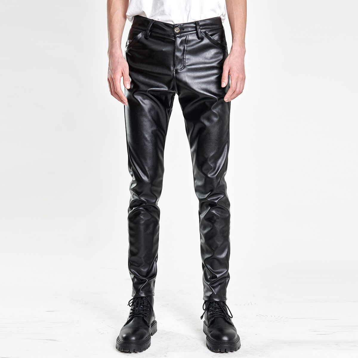 Men's Clothing Spring And Summer Thin Youth Leather Pants Men's Elastic Slim Fashion Color White Bar Net Red Leather Pants Men_viptrois.com