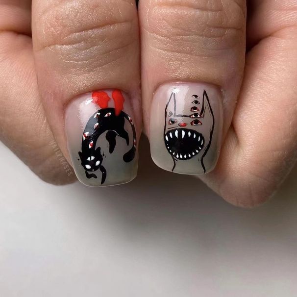 Short square European and American open mouth devil black cat skull Halloween festival atmosphere dark eyes nail beauty piece finger_viptrois.com