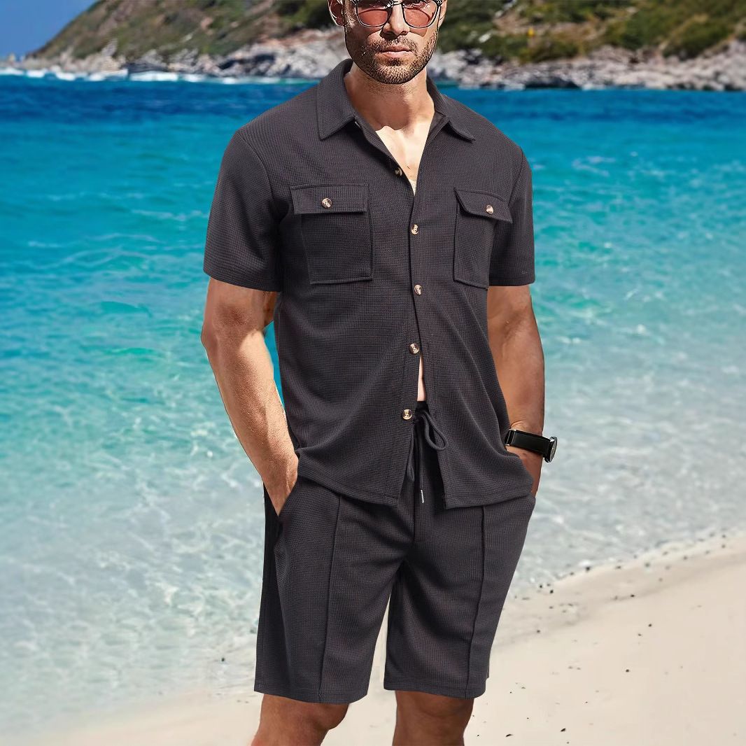 Men's Clothing Waffle Solid Color Pocket Shirt Short Sleeved Shorts Two Piece Suit_viptrois.com