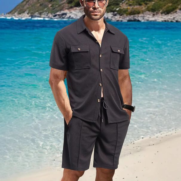 Men's Clothing Waffle Solid Color Pocket Shirt Short Sleeved Shorts Two Piece Suit_viptrois.com