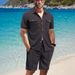 Men's Clothing Waffle Solid Color Pocket Shirt Short Sleeved Shorts Two Piece Suit_viptrois.com