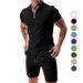 Men's Clothing Short Sleeve Shorts Casual Suit Summer Waffle Solid Color Casual Loose Lapel T Shirt Suit Men_viptrois.com