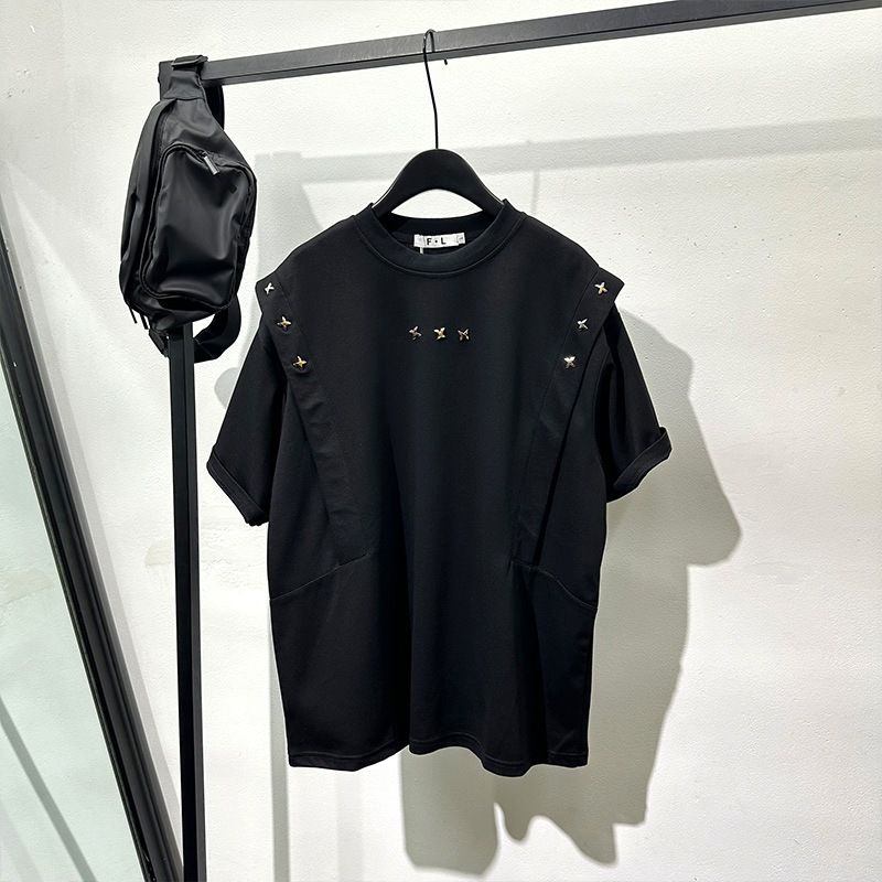 Men's Clothing Summer Fashion Brand Fashionable Workwear Niche Fake Two Piece Rivet Short Sleeved T Shirt Popular Handsome High End Temperament Top_viptrois.com