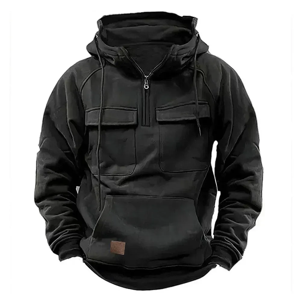 Half Zipper Men's Tactical Hoodies Solid Warm Fleece Military Sweatshirts Multi Pockets Male Hooded Jackets Thick Outdoor Polar_viptrois.com