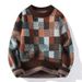 Men's Winter Knit Sweater – Thickened Acrylic Crewneck Pullover With Plaid Print (M-3XL, Navy/White/Brown, Casual & Warm)_viptrois.com