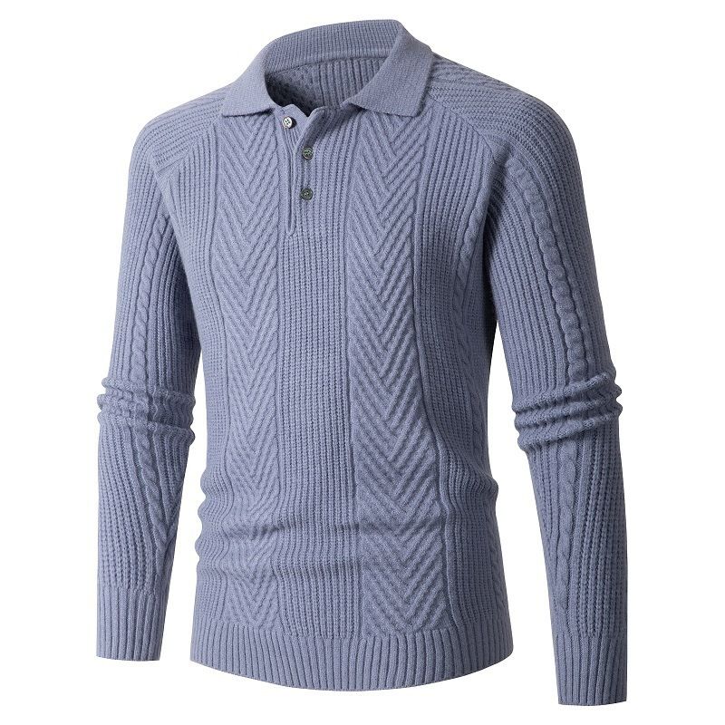 Men's Slim Fit Turn-Down Collar Long Sleeve Knit Sweater - Lightweight Stretch Polyester, Casual Office Wear (Denim/White/Dark Grey/Navy/Army Green)_viptrois.com