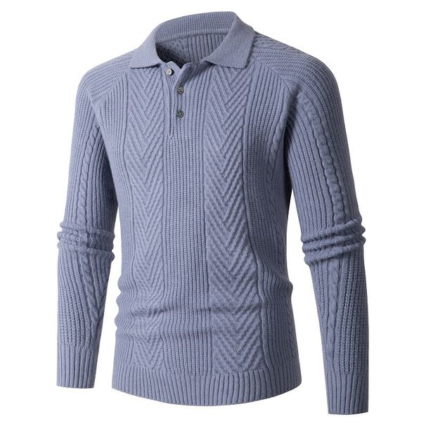Men's Slim Fit Turn-Down Collar Long Sleeve Knit Sweater - Lightweight Stretch Polyester, Casual Office Wear (Denim/White/Dark Grey/Navy/Army Green)_viptrois.com