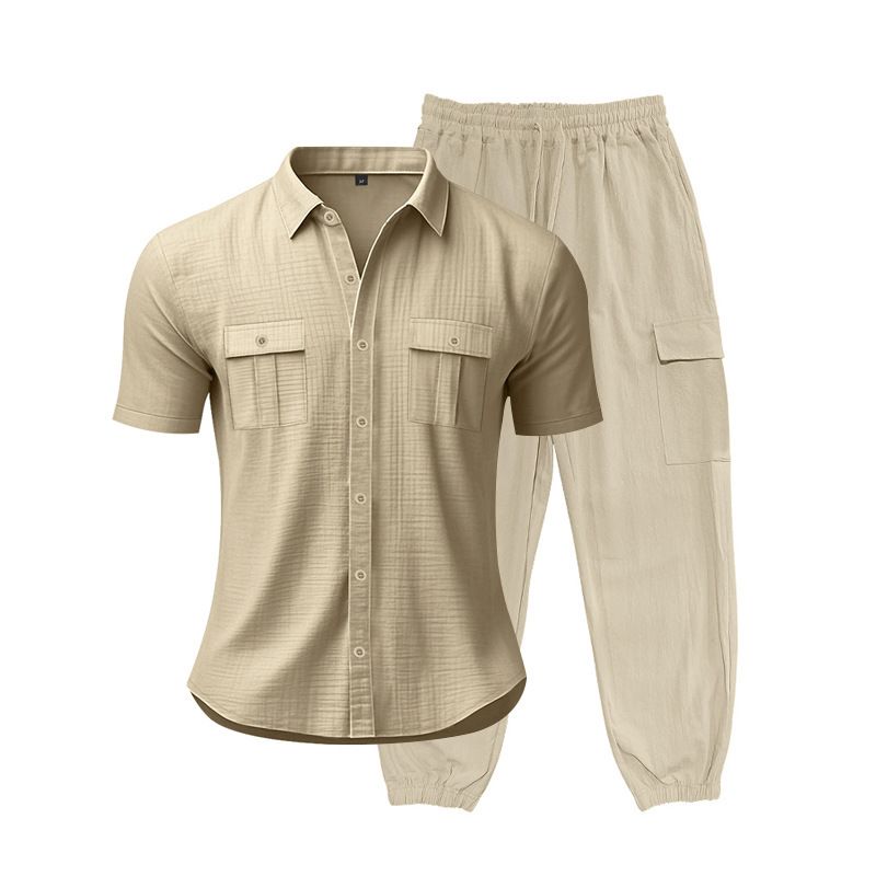 Men's High End Hip Hop Workwear Casual Trousers American Style Loose Fit Sports Suit Short Sleeved Linen Beach Shirt_viptrois.com