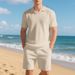 Men's Clothing Loose Summer Burke Collar Waffle Polo Shirt Casual Short Sleeved Shorts Suit_viptrois.com