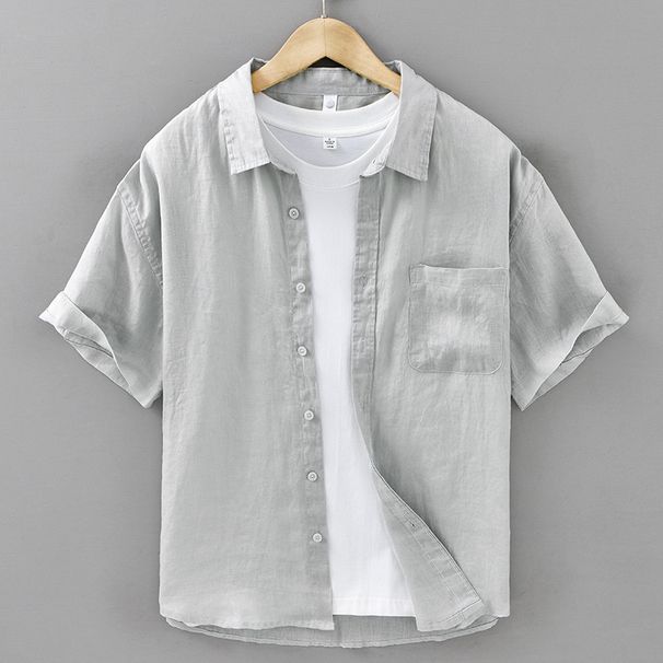 Summer Pure Linen Shirt Men's Short Sleeved Thin Linen Shirt Simple Retro Casual Loose Solid Color Top_viptrois.com