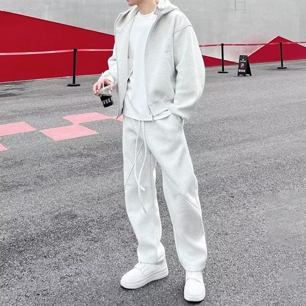 Men's Autumn And Winter Plus Velvet Casual Sports Suit Men's American Trendy Loose Hooded Jacket Sweatshirt Sweatpants Two Piece Suit_viptrois.com