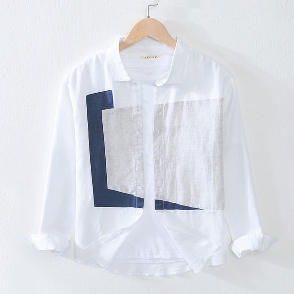 Linen Shirt Color Blocked Trendy Casual Long Sleeved Shirt Men's Youth Breathable Square Neck Cotton Linen Top_viptrois.com