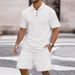 Men's Jacquard Short Sleeve T-Shirt & Shorts Set - Breathable Summer Casual Outfit With Button-Down Collar (White/Black/Grey/Sky Blue/Khaki, S-XXXL)_viptrois.com