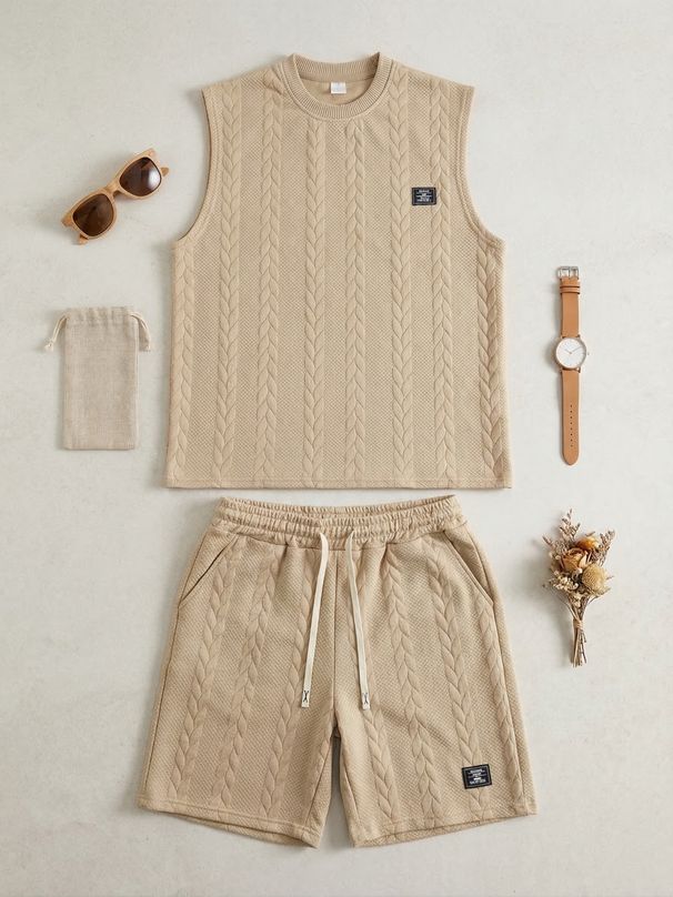 Men's Casual Sports Two-Piece Set Knitted Jacquard Vest And Shorts Knitwear Fashion Trendy Streetwear For Men_viptrois.com