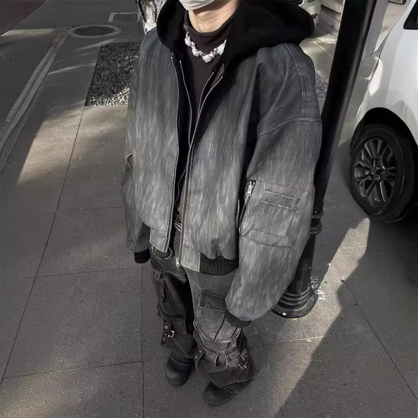 American High Street Color Matching Texture PU Leather Hooded Jacket Men And Women Loose Couple Jacket Cotton Coat_viptrois.com
