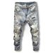 Splicing Ripped Jeans Men's Slim-fitting Small Straight Pants Patch Ripped Holes And Scratched Edges_viptrois.com