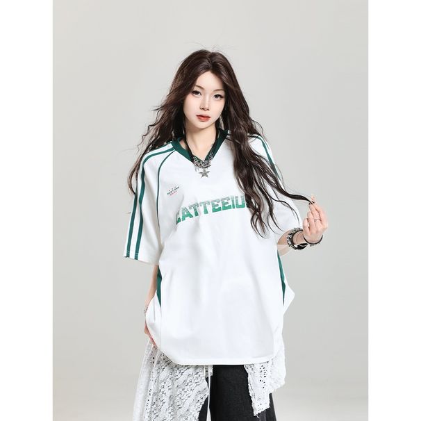 American-style Patchwork Striped V-neck Sporty Loose Short-sleeve T-shirt For Men And Women, Hip-hop Street Style_viptrois.com