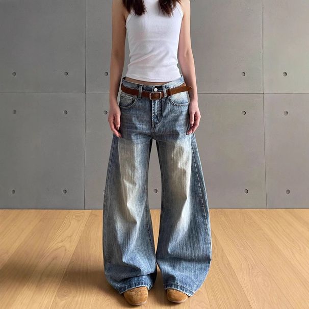Men's Clothing High Street Old Washed Scimitar Jeans New Style Niche High Waist Straight Floor Length Wide Leg Pants_viptrois.com