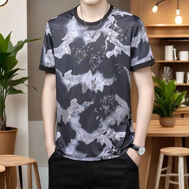 Summer Ice Silk Short New T-shirt Breathable Men's Casual Round Neck Loose Thin Style Trendy Printed Half Sleeve Top_viptrois.com