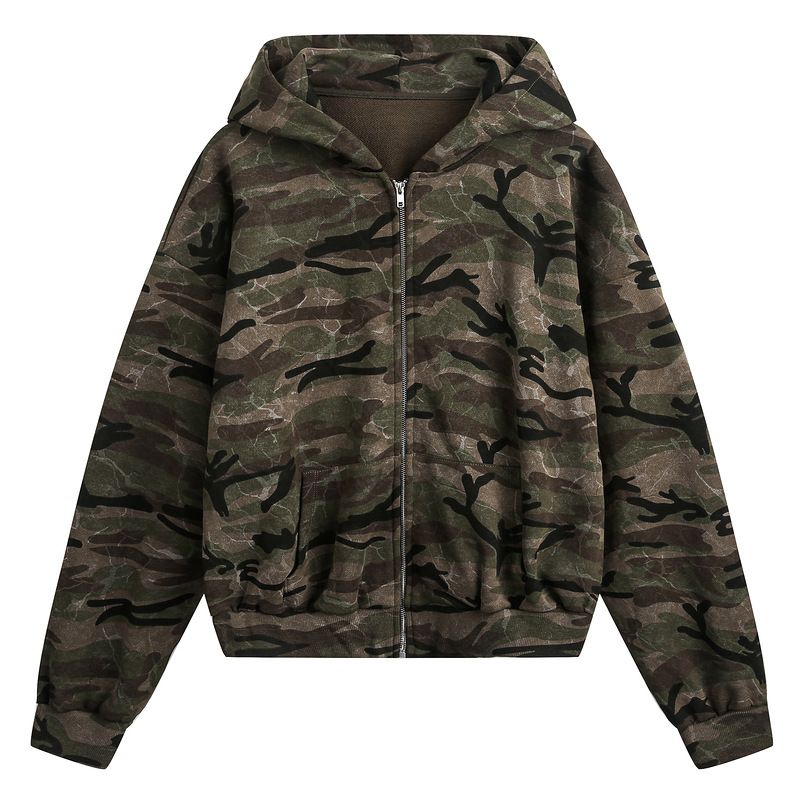 Vintage Camo Zip-Up Hoodie For Teens - Unisex Streetwear Pullover With Cleanfit Style, Cotton Blend, Oversized Fit (Green, M-2XL)_viptrois.com