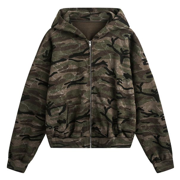 Vintage Camo Zip-Up Hoodie For Teens - Unisex Streetwear Pullover With Cleanfit Style, Cotton Blend, Oversized Fit (Green, M-2XL)_viptrois.com