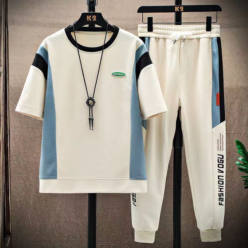 Men's Clothing Casual Sports Suit Set Waffle Short Sleeve Trend T-shirt Sets_viptrois.com