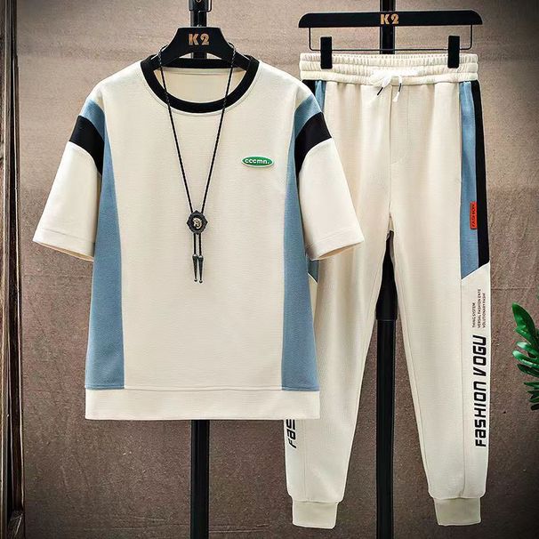 Men's Clothing Casual Sports Suit Set Waffle Short Sleeve Trend T-shirt Sets_viptrois.com