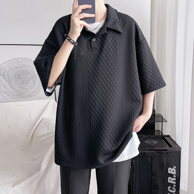 Men's Clothing Men's Summer Textured Heavyweight Shirt Simple Loose Fit Turn Down Collar Casual Solid Color T-Shirt_viptrois.com