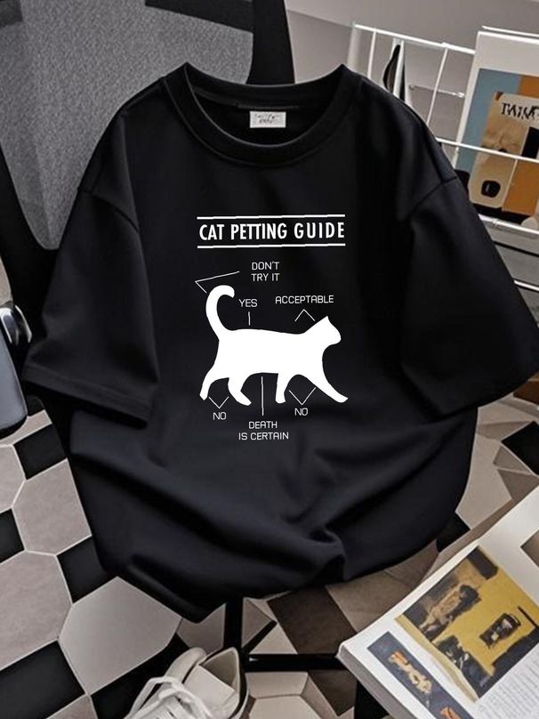 Cat Petting Guide Graphics Printed Mens Short Sleeve New Cotton Black T-shirt Versatile Fashion Stretched Slightly Graphic Summer Comfortable_viptrois.com