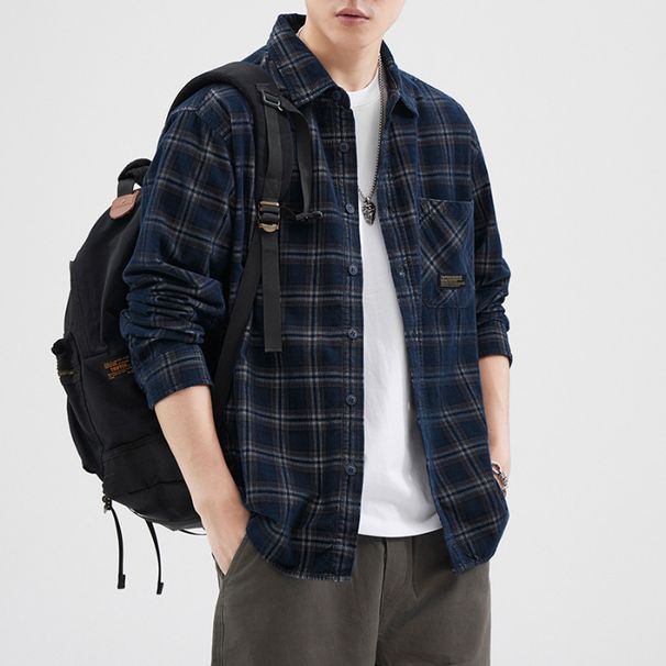 Nordmann Plaid Men Long Sleeve Autumn Cotton Loose High-end Casual Japanese Retro American Workwear Shirt_viptrois.com