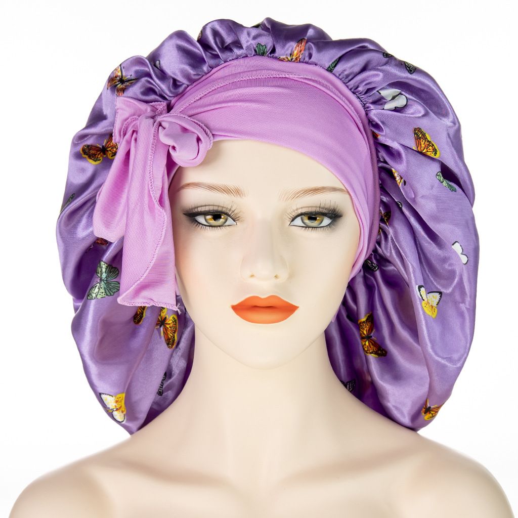 New Cross Border Satin Printed Nightcap Hot Sale Wide Brim Ribbon Extra Large Shower Cap One Piece Dropshipping_viptrois.com