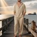 Men's Summer Casual Suit Loose Fit Linen Hooded Long Sleeved Shirt And Trousers American Style_viptrois.com