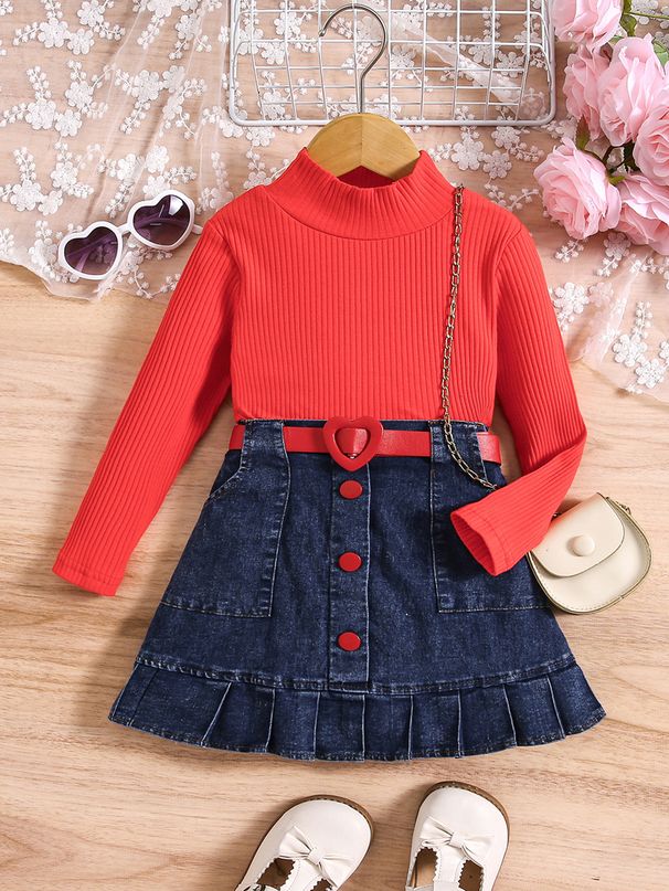 Baby Clothing Children's Clothes Girls Solid Color Vest Long Sleeve Shirt Denim Open Bag Pleats Skirt Suit_viptrois.com