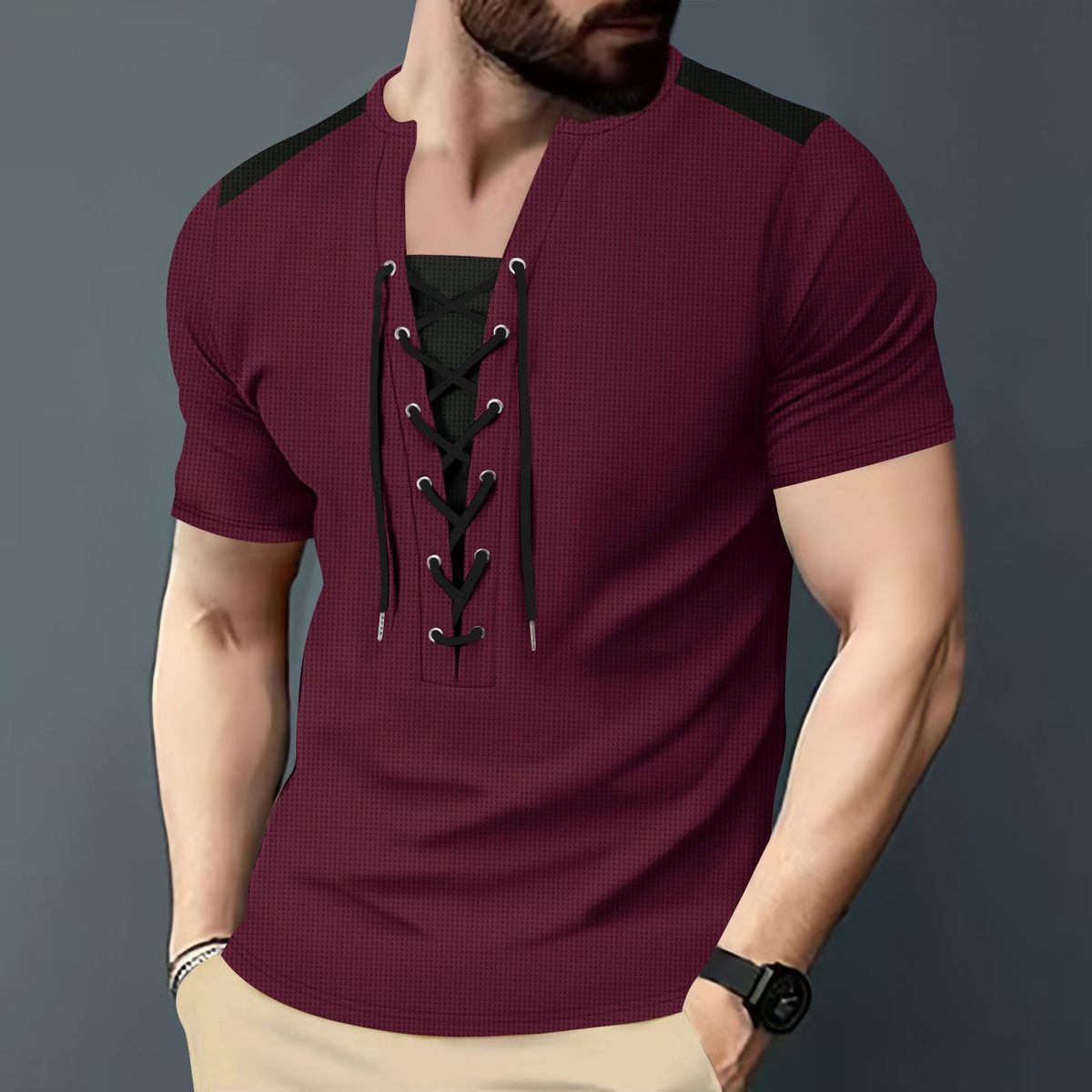 Men's Waffle Casual Color Matching Drawstring Round Neck Short Sleeved T Shirt Top_viptrois.com