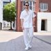Men's Summer Short Sleeve Shirt & Pants Set - Lightweight Casual Polyester Blend With Floral Embroidery, Comfortable Outdoor Outfit_viptrois.com