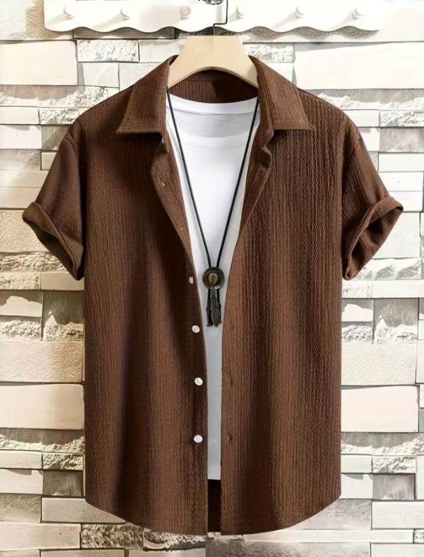 Men's Clothing Men's New Short Sleeved Shirt Solid Color Fashionable And Comfortable Vacation Leisure Wrinkled Men's Short Sleeved Shirt_viptrois.com