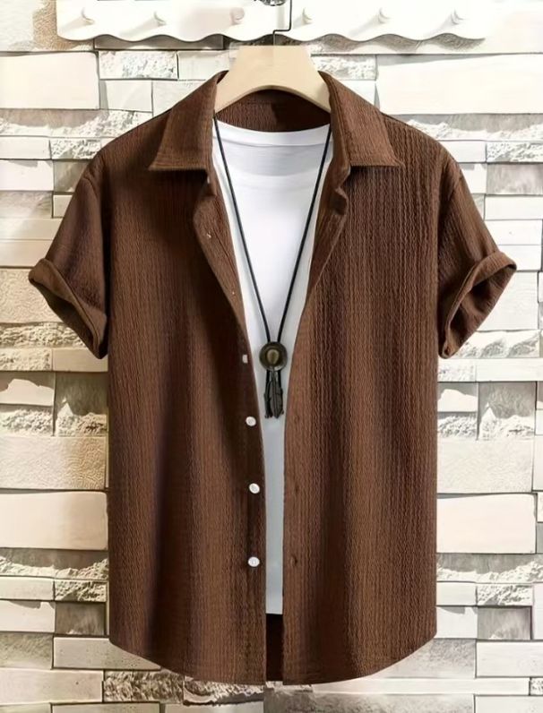 Men's Clothing Men's New Short Sleeved Shirt Solid Color Fashionable And Comfortable Vacation Leisure Wrinkled Men's Short Sleeved Shirt_viptrois.com