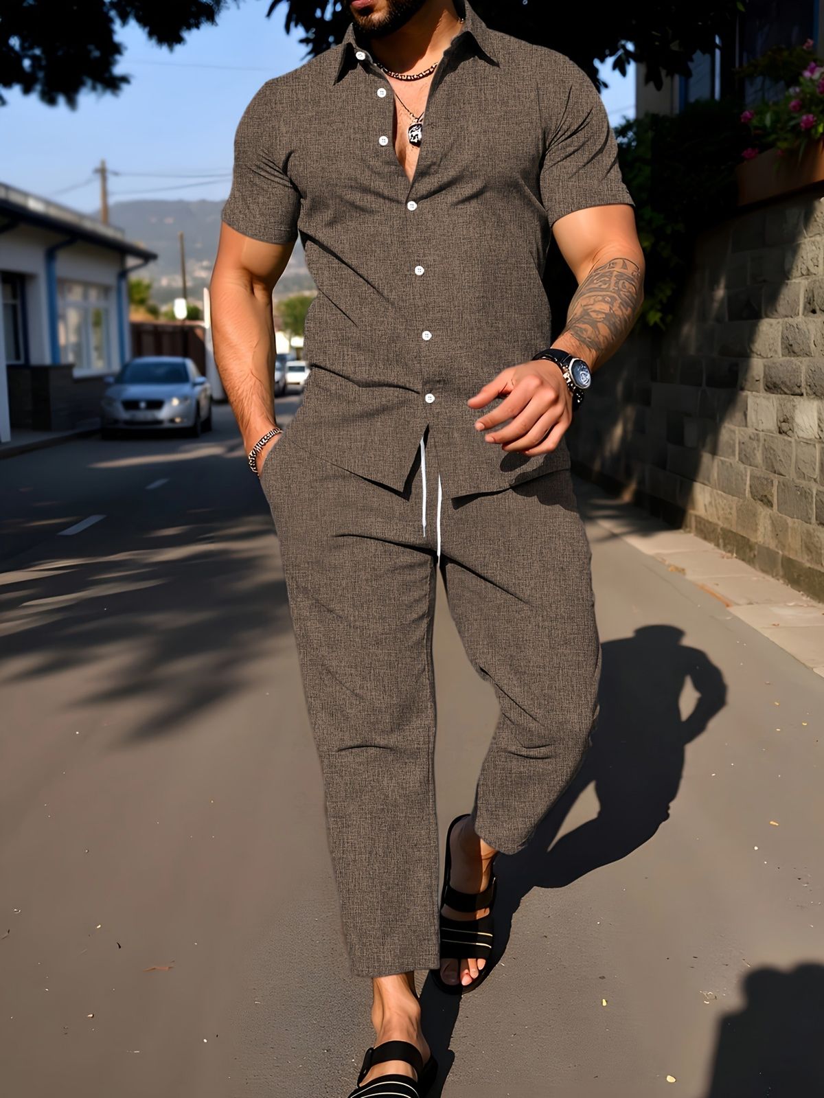 Men's 2-Piece Summer Outfit Short Sleeve Shirt And Trousers Set Solid Color Casual with Collar_viptrois.com