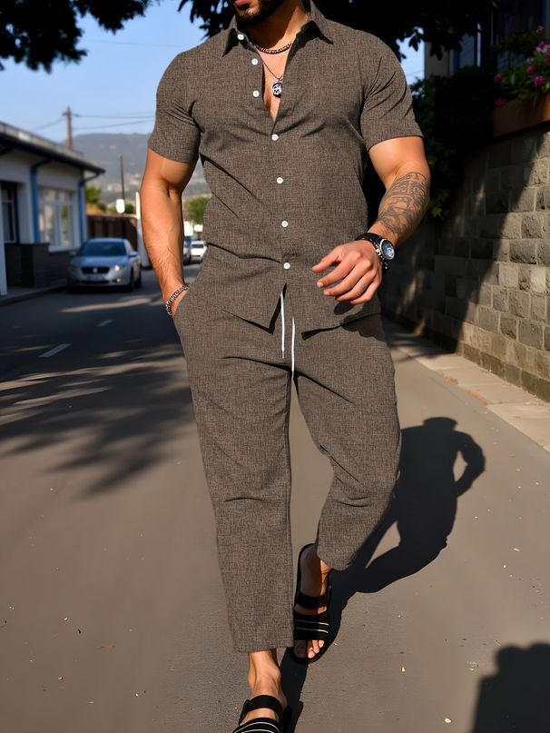Men's 2-Piece Summer Outfit Short Sleeve Shirt And Trousers Set Solid Color Casual with Collar_viptrois.com