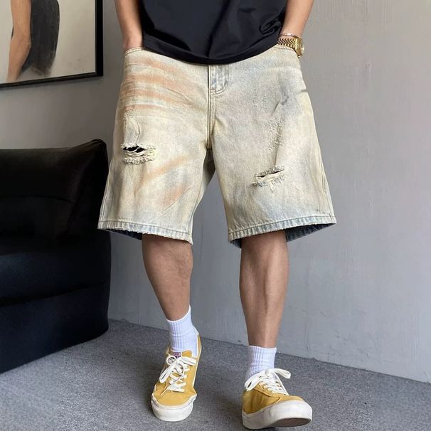 Men's Summer Casual Retro Distressed Ripped Denim Shorts Straight Leg Loose Fit Trendy Five Point Pants_viptrois.com
