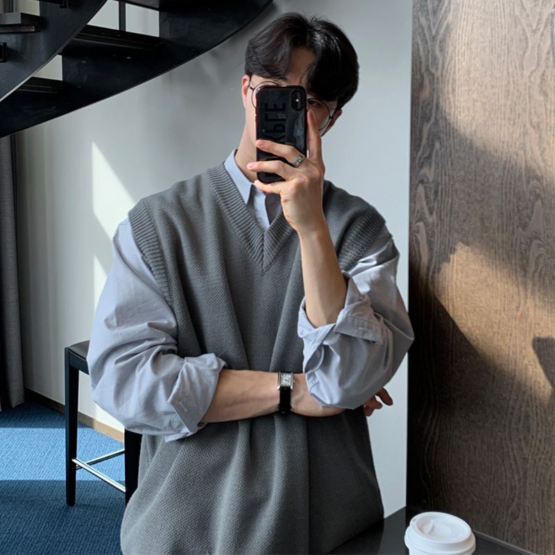 Sleeveless Sweater Men's Korean Style Trendy Versatile Solid Color Knitted Vest Jacket_viptrois.com